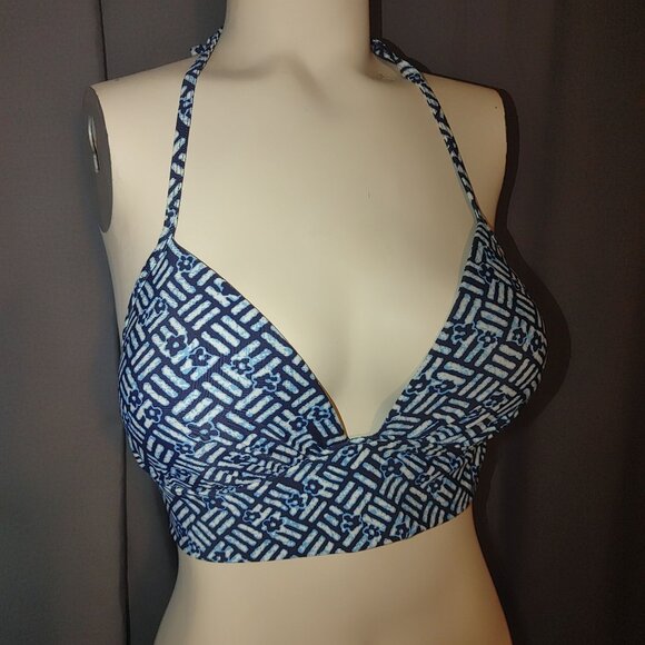 Aerie SwimTop Large  Bikini Halter Open Back Crop Blue - Picture 1 of 6